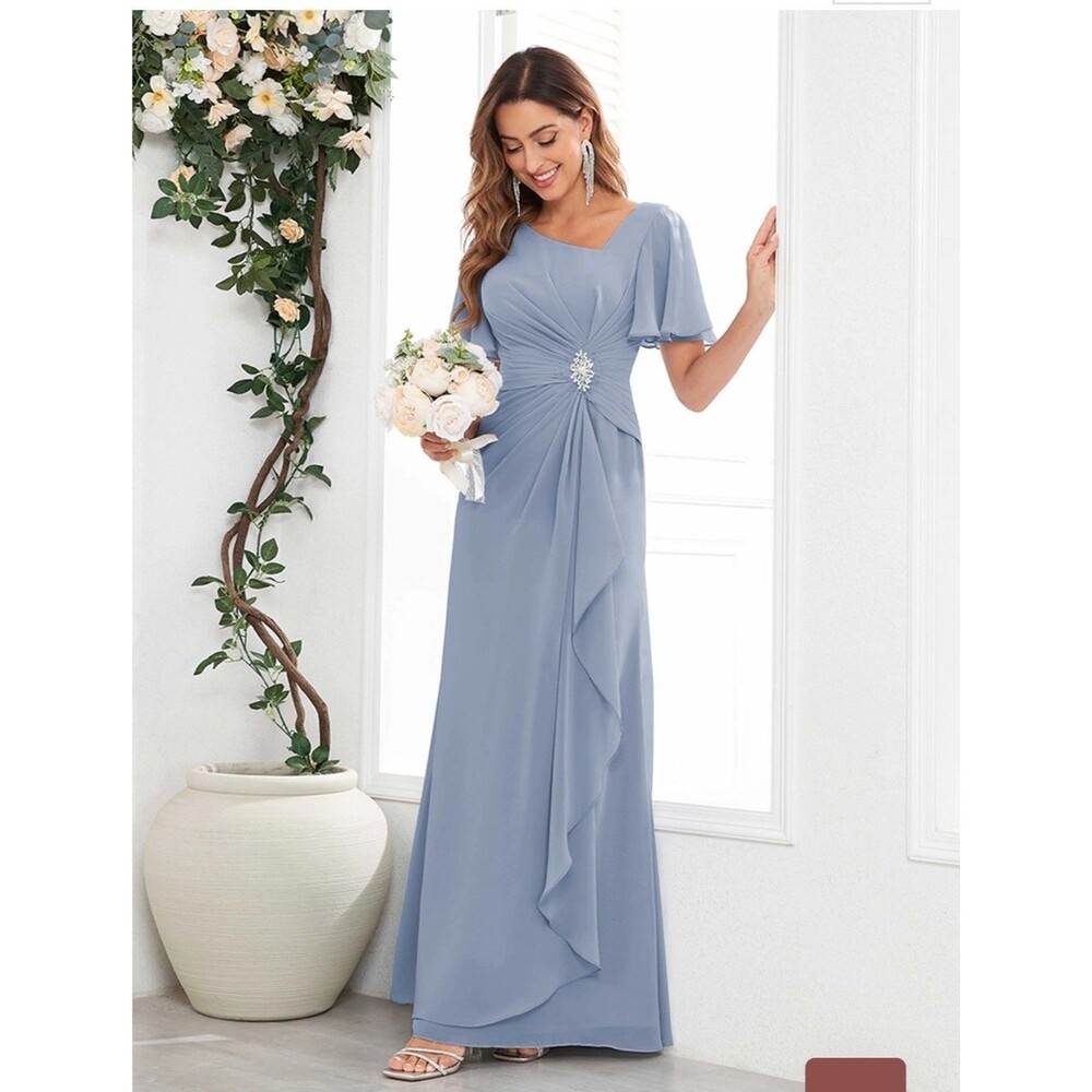 New Mother of the Bride (6) Dusty Blue Chiffon Flutter Sleeve Ruched Maxi Dress - Picture 13 of 14